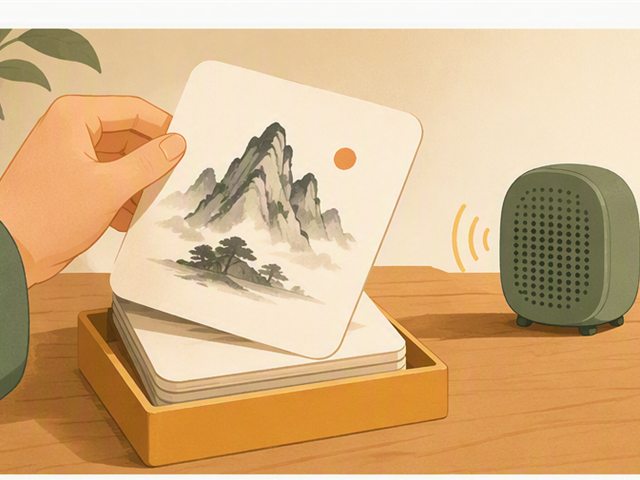 Một tay nâng tấm thẻ học có tranh núi vẽ nét mực, bên cạnh là chiếc loa đang phát âm