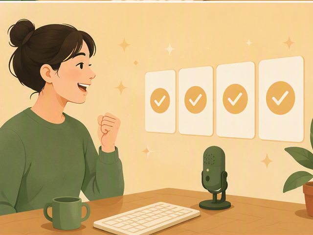 Người học nói vào micro, bốn tấm thẻ phía sau đều đã được đánh dấu đúng