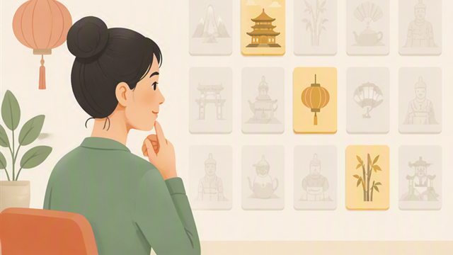 Người học đứng trước bảng thẻ; một số thẻ sáng rõ giữa những thẻ còn mờ