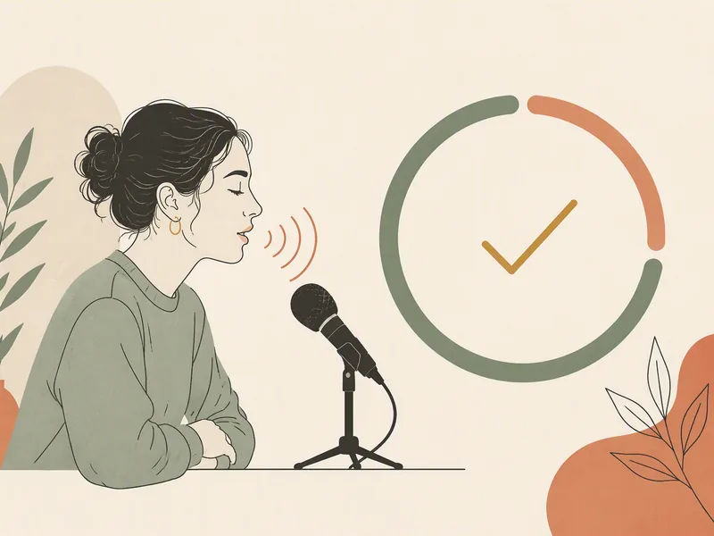 Minh họa một người nói vào micro, sóng âm lan ra và một vòng tròn điểm số đang đầy dần