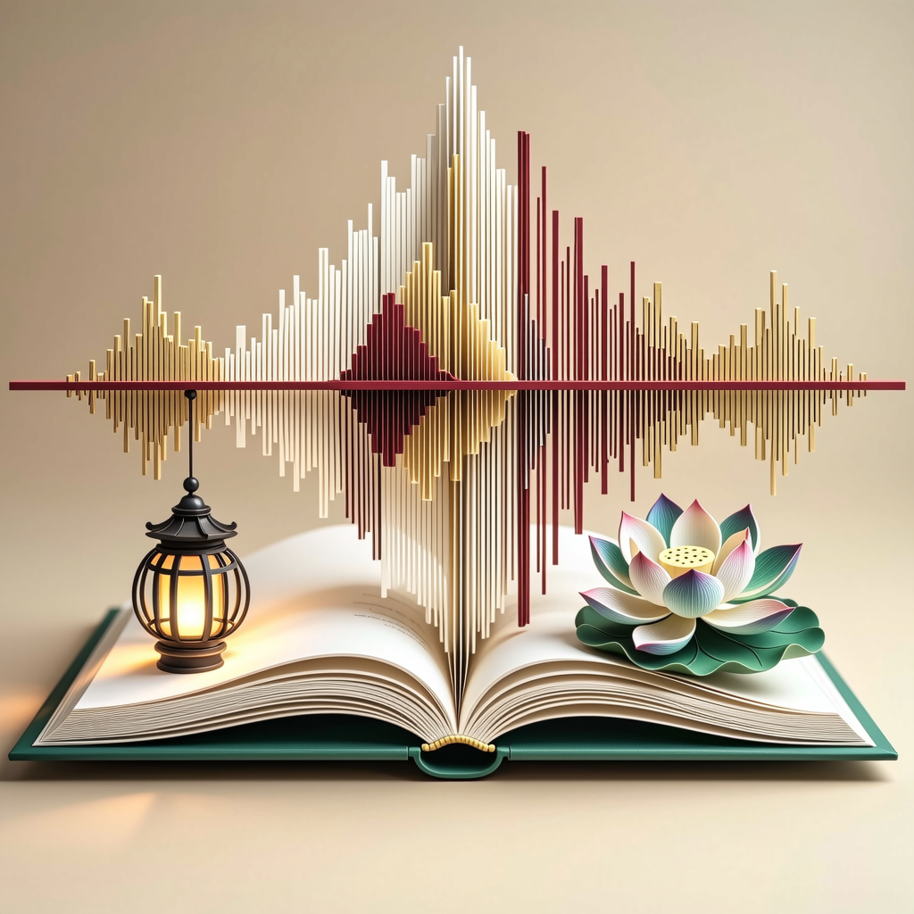 An open book with a bridge of sound waves connecting a lantern and a lotus