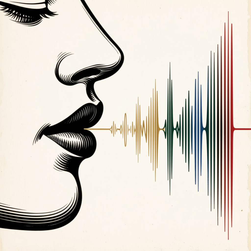A face in profile emitting four sound-wave lines: flat, rising, dipping, falling