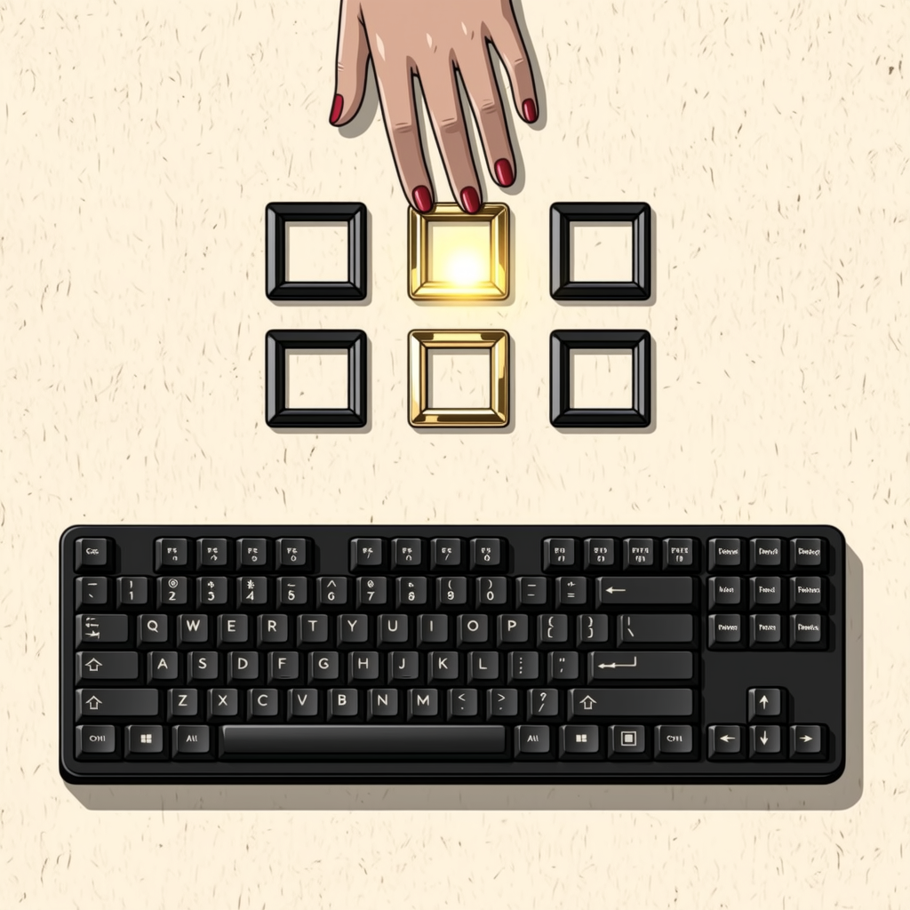 A computer keyboard with a floating candidate window of blank tiles, one highlighted in gold