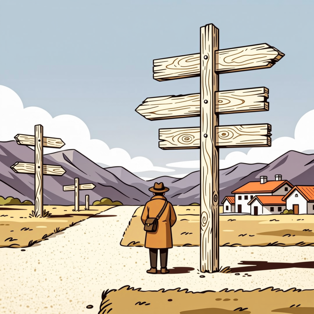 A traveler at a crossroads with several blank signposts