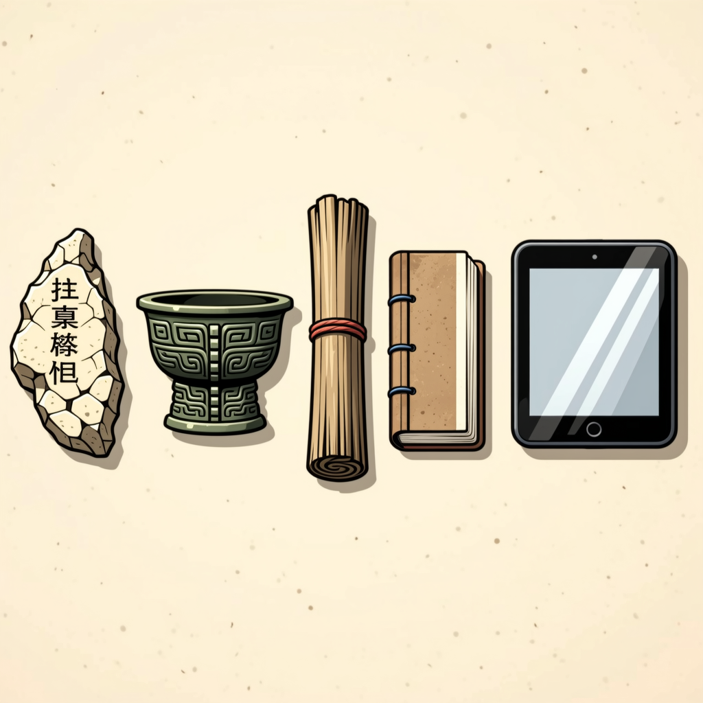 An artifact timeline: oracle bone shard, bronze vessel, bamboo scroll, printed book, glowing screen